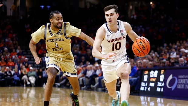 Taine Murray drives the ball to the basket during the Virginia men's basketball game against Georgia Tech at John Paul Jones Arena.
